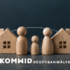 Zwei Holzhäuser mit Eltern- und Kindfiguren, verbunden durch eine Linie als Symbol für Doppelresidenz und Kommunikation.